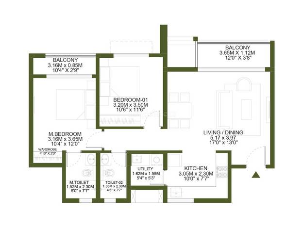 Sample floor plan of 2BHK apartment